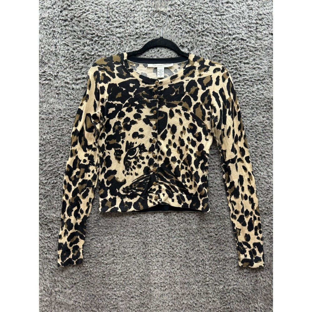Diane Von Furstenberg Leopard Face Print Cotton Silk Cardigan Womens Size S